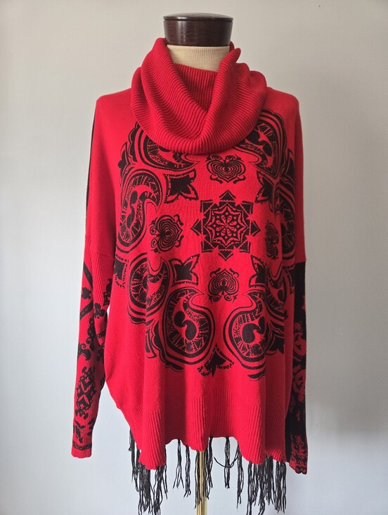 Desigual Sweaters - Desigual Red Cowl Neck Fringe Sweater with Black Paisley. Size XL